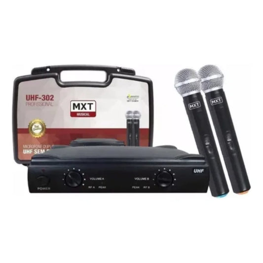 Microfone Duplo UHF Sem Fio Profissional MXT UHF-302 com Maleta – Preto