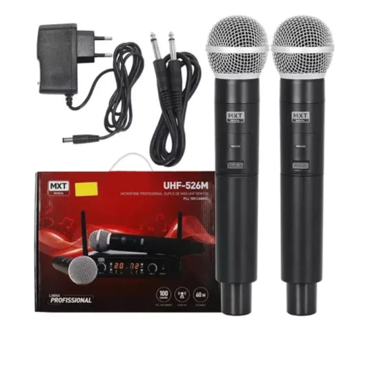 Microfone Sem Fio Duplo de Mão UHF Profissional – 100 Canais – Preto