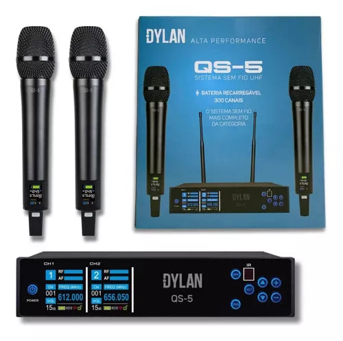 Microfone Duplo Sem Fio Dylan Qs-5 Bateria Recarregável