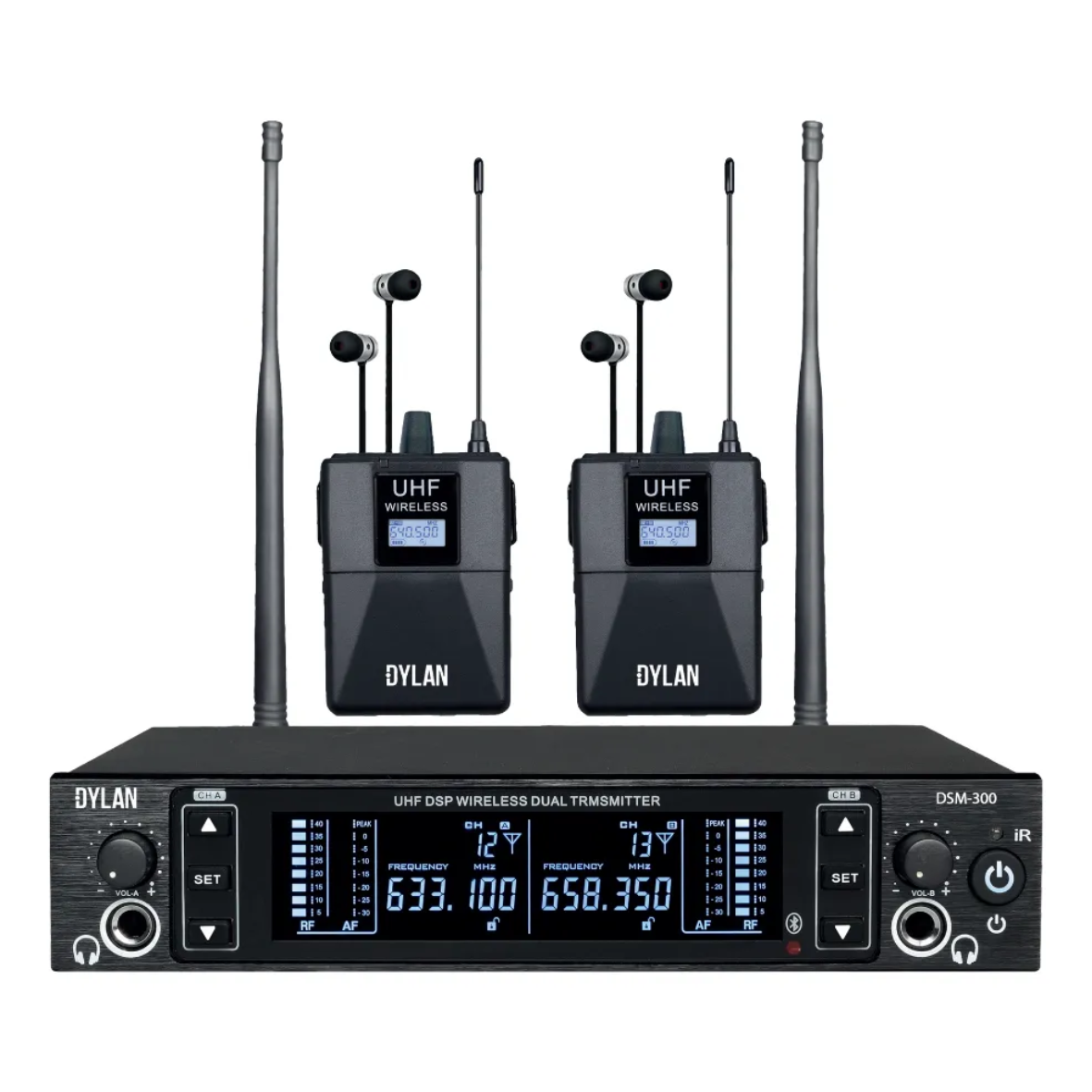 Monitor In-Ear Sem Fio Dylan DSM-300 UHF Duplo Receptor – Preto