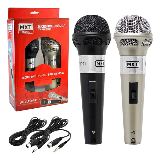 Microfone de Mão Duplo para Karaoke e Igreja com 2 Cabos de 5m – Preto/Prata