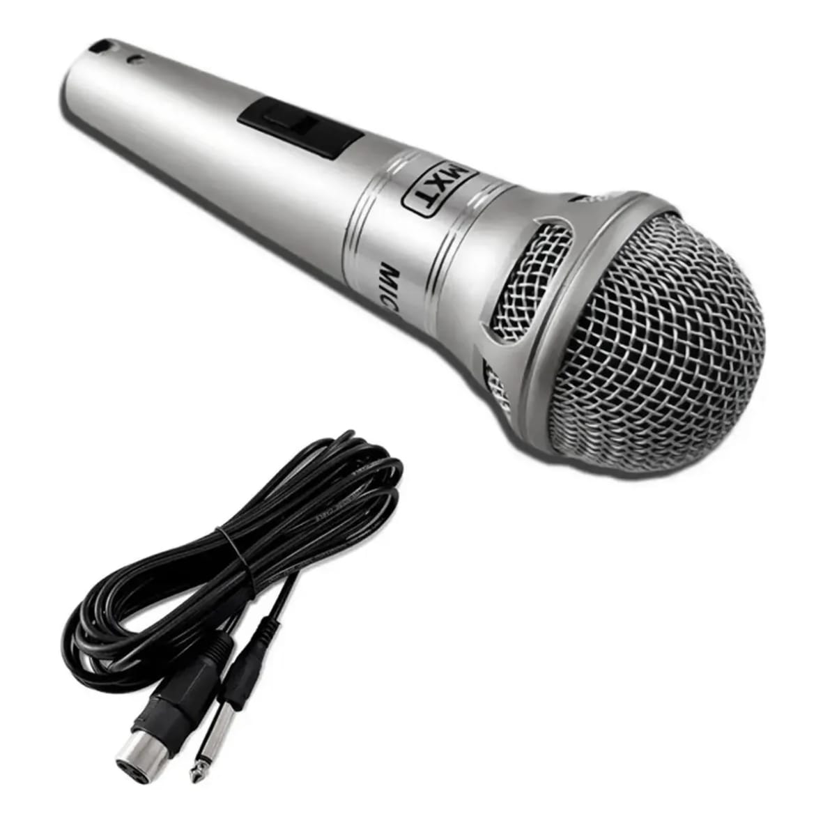 Microfone de Mão Duplo para Karaoke e Igreja com 2 Cabos de 5m – Preto/Prata