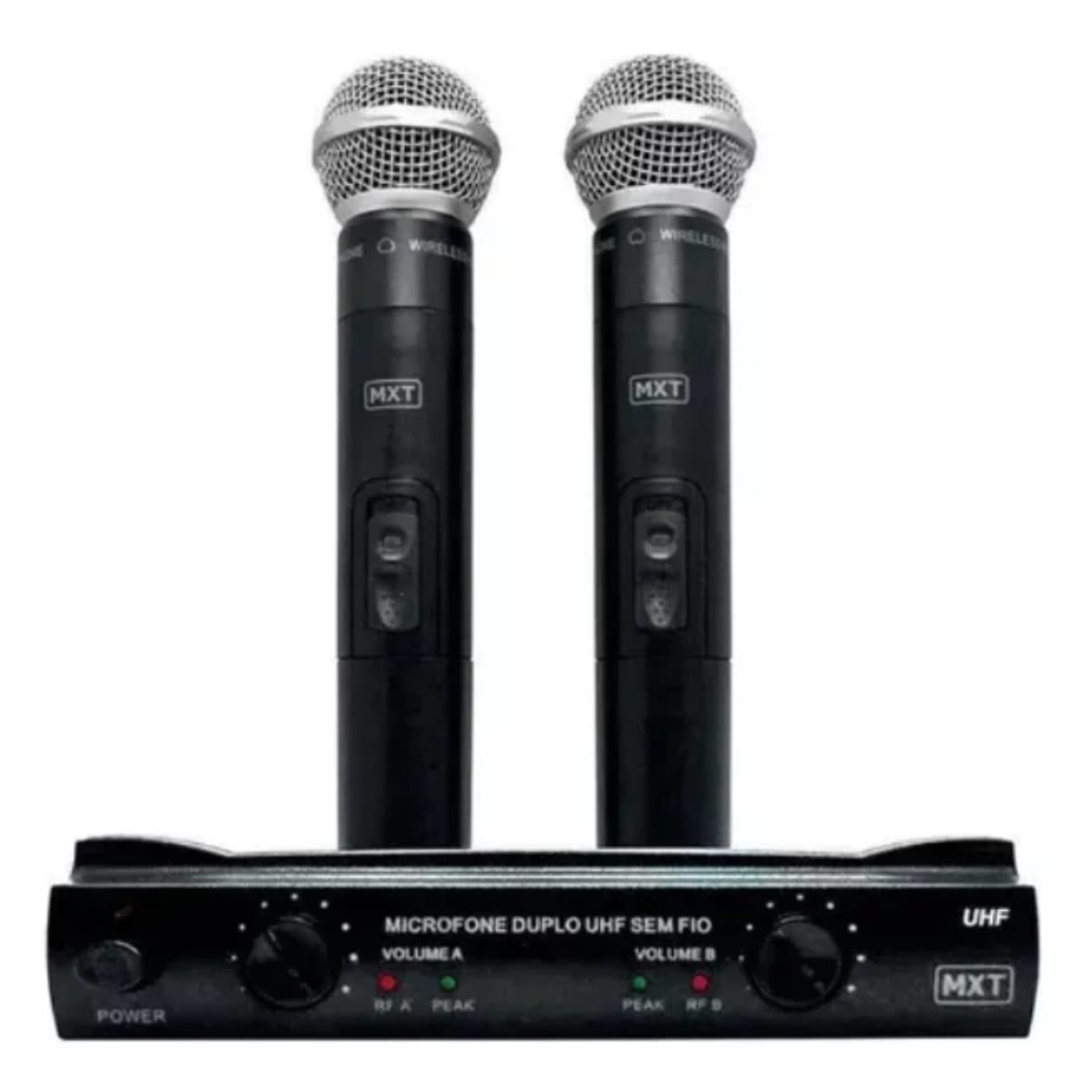 Microfone Duplo UHF Sem Fio Profissional MXT UHF-302 com Maleta – Preto