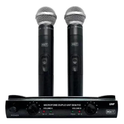 Microfone Duplo UHF Sem Fio Profissional MXT UHF-302 com Maleta – Preto
