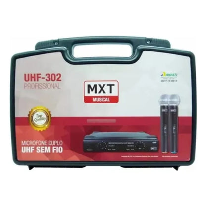 Microfone Duplo UHF Sem Fio Profissional MXT UHF-302 com Maleta – Preto
