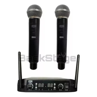 Microfone Sem Fio Duplo de Mão UHF Profissional – 100 Canais – Preto